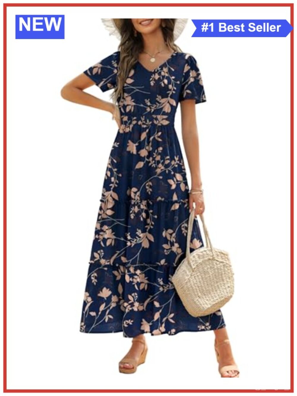 Women's Floral Maxi Dress Short Sleeve Smocked Tiered A-Line Summer